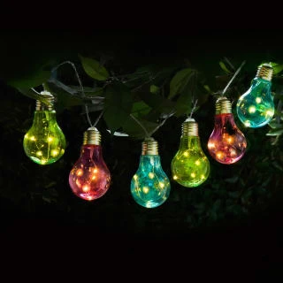 Solar Powered 12 Coloured Light Bulb String LED Lights - Warm White 1 Solar Powered 12 Coloured Light Bulb String LED Lights - Warm White