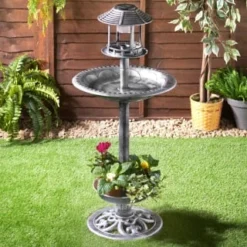 B&M -B&M 379482 4 in 1 pewter bird bath feeder solar light planter