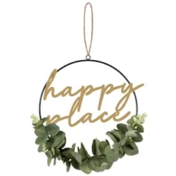 B&M Botanical Garden Hanging Hoop With Slogan -B&M 379615 botanical garden metal hoop with gold wording and leaves happy place