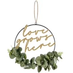 B&M Botanical Garden Hanging Hoop With Slogan -B&M 379615 botanical garden metal hoop with gold wording and leaves love grows here