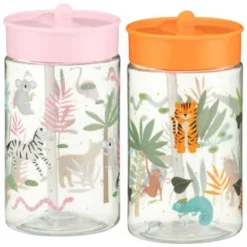 B&M Little Safari Kids Cup With Straw Lid - Pink 5 B&M Little Safari Kids Cup With Straw Lid - Pink -B&M 381253 381254 kids print cup lid and straw group1