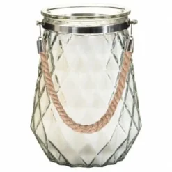 B&M Large Faceted Glass Candle With Rope Handle - Cream