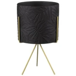 B&M Leaf Embossed Planter On Gold Stand - Black